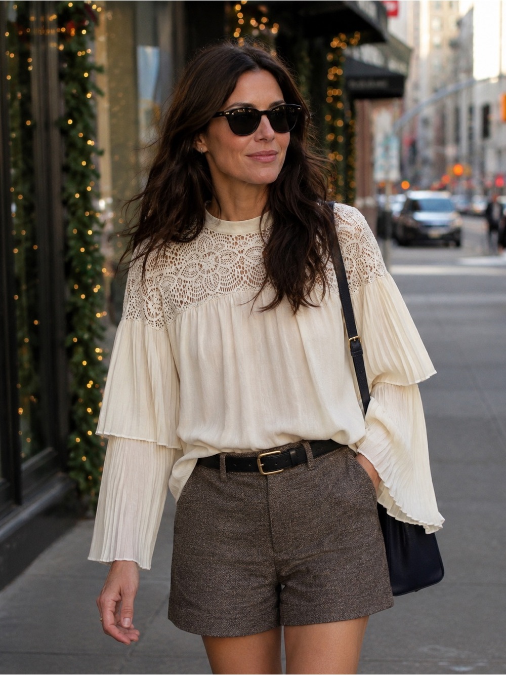 Abercrombie & Fitch Cream Crochet Yoke Pleated Sleeve Blouse